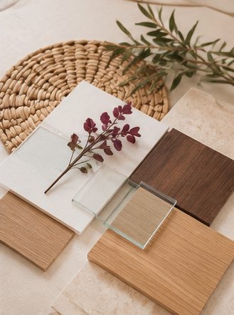 Moodboard di materiali: campioni di legno, vetro, tessuto e un rametto di fiori