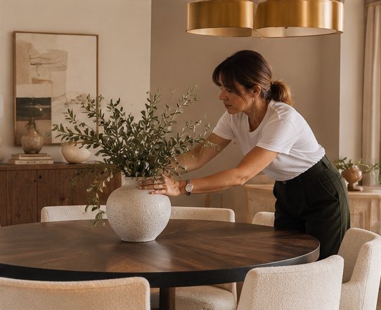 Una stylist sistema un vaso con rami d'ulivo su un tavolo rotondo