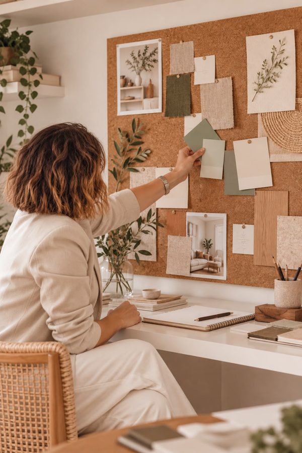 Una stylist di spalle organizza su una bacheca immagini, campioni e colori di un concept