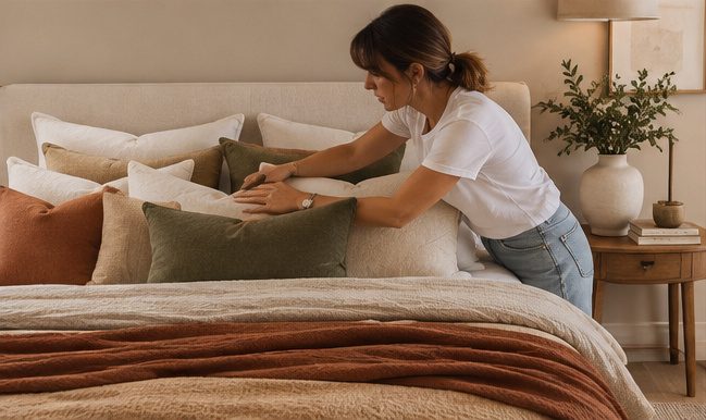 Una stylist sistema i cuscini su un letto con plaid color ruggine