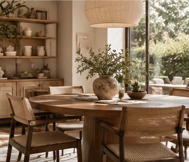 Sala con tavolo rotondo in legno, sedie in paglia di Vienna e un vaso con rami d'ulivo