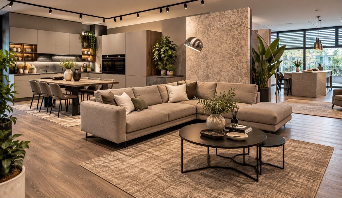 Showroom di arredamento allestito: living con divano angolare, tavolini neri, cucina e zona pranzo